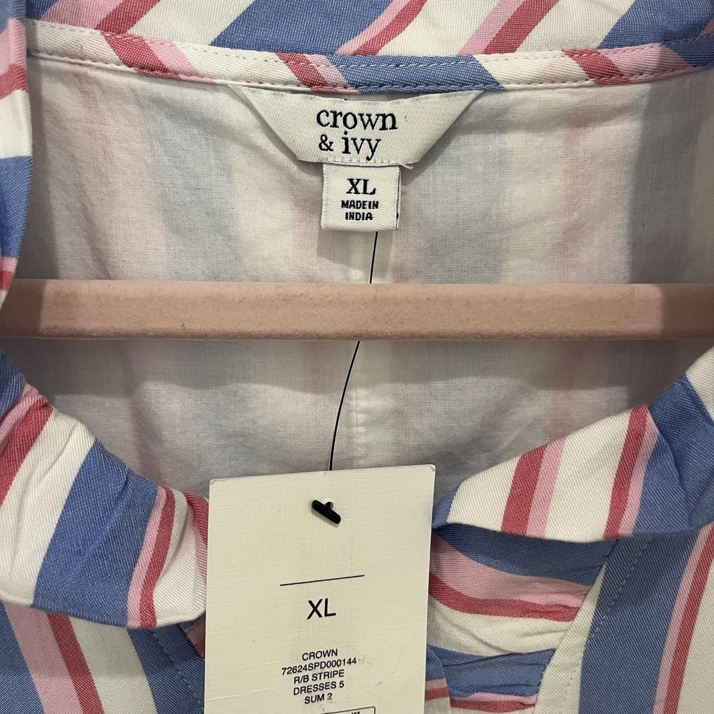 Crown & Ivy White Pink Blue Stripe Ruffle Neck Sleeveless Dress Size XL NWT‎ - Picture 2 of 8